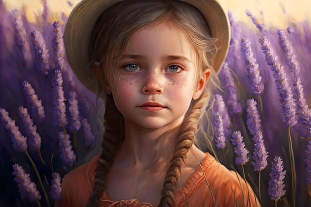 Retrato de niña en un delicioso campo de lavanda