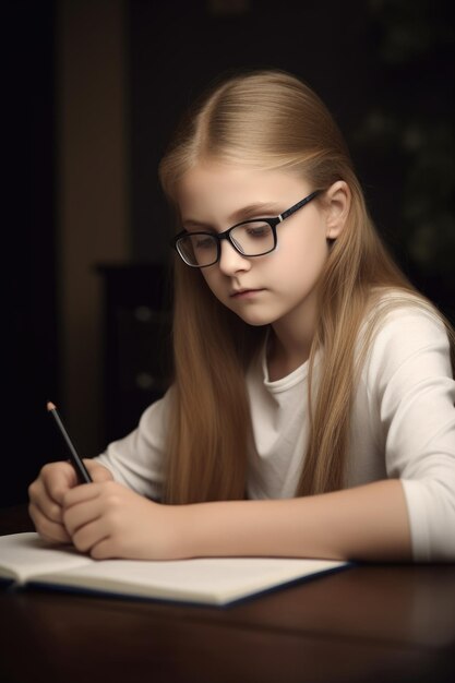 Retrato de una niña escribiendo en su libro de trabajo mientras está sentada en casa creada con ai generativa