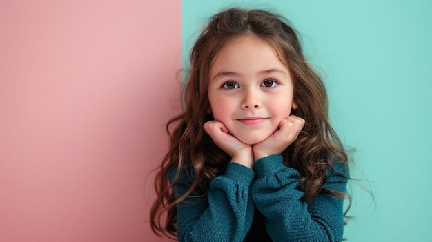 Retrato de una niña expresando empatía y compasión con espacio de copia aislado en un fondo de color sólido