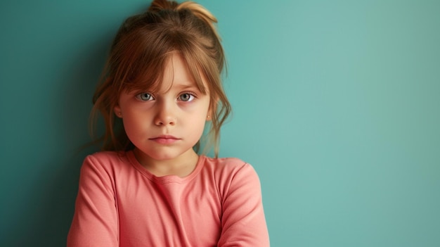 Retrato de una niña expresando empatía y compasión con espacio de copia aislado en un fondo de color sólido