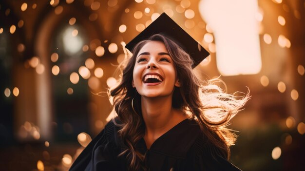 Retrato de niña feliz estudiante graduado celebrando la graduación