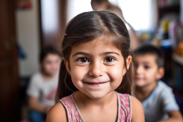 Retrato de una niña feliz con familia en el fondo en casa creado con ai generativo