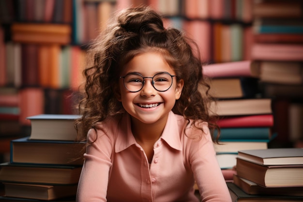 Retrato de una niña feliz con gafas sentada en una pila de libros y leyendo libros