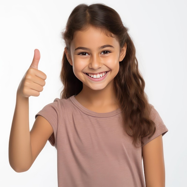 Retrato de una niña feliz que muestra el gesto aceptable que sonríe