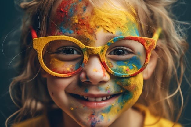 Retrato de una niña feliz y sonriente con gafas y pintura colorida en la piel.