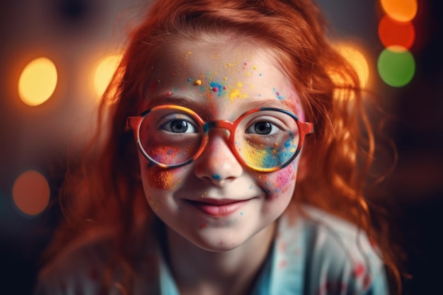 Retrato de una niña feliz y sonriente con gafas y pintura colorida en la piel.