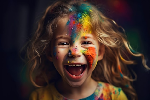 Retrato de una niña feliz y sonriente con pintura colorida en la piel de IA generativa
