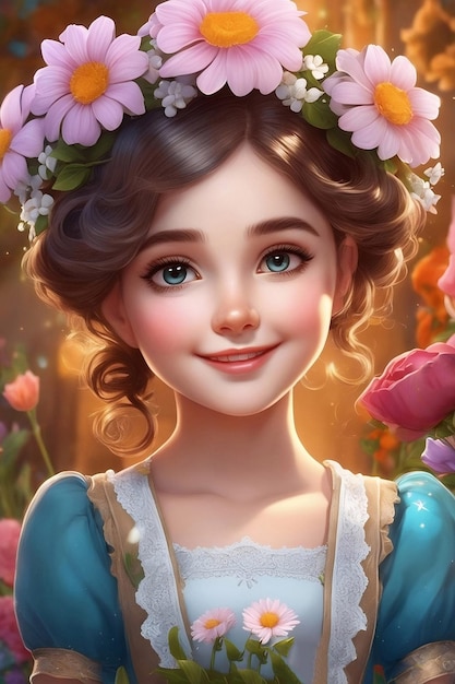 Retrato de una niña con flores.