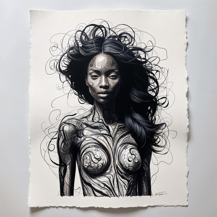Retrato de una niña hecho con líneas curvas y rectas en colores contrastantes en blanco y negro