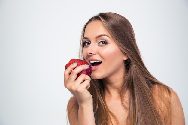 Retrato, de, un, niña joven, morder, manzana