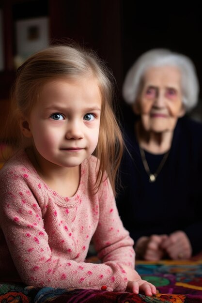 Retrato de una niña joven con su abuela en el fondo creado con IA generativa