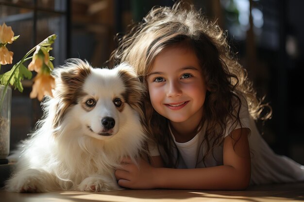 Retrato La niña jugando en el suelo en casa con un perro mascota IA generativa