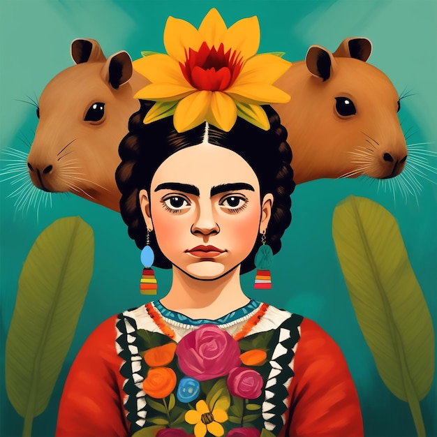 retrato de una niña junto a un carpincho al estilo de un cuadro de frida kahlo