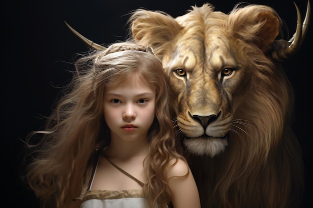 Foto retrato de una niña con un león sobre fondo negro