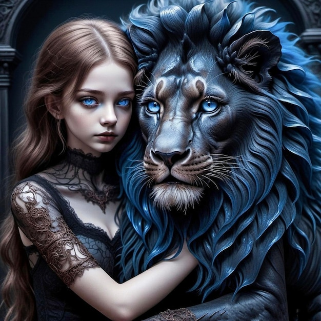 Foto retrato de una niña con un león