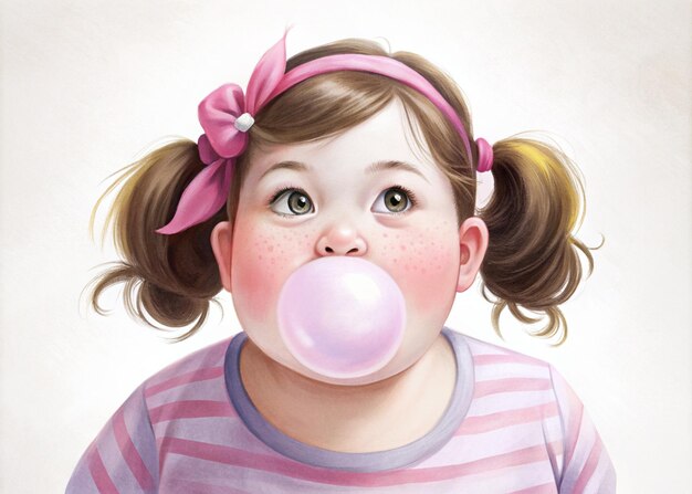 Retrato de una niña linda con un chicle en la boca