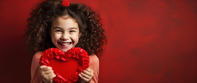 Retrato de una niña linda con corazón rojo en el concepto del día de San Valentín