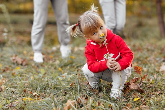 Retrato de niña linda con flor en la mano al aire libre en el parque otoño