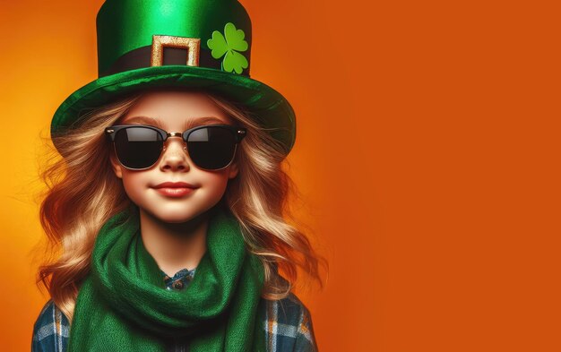 Retrato de una niña linda con gafas de sol, flor de trébol verde y sombrero verde