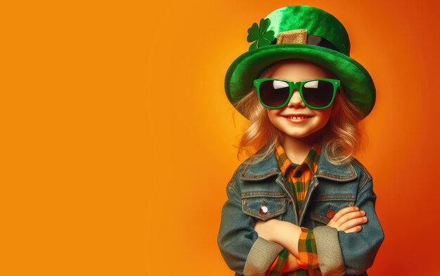 Foto retrato de una niña linda con gafas de sol, flor de trébol verde y sombrero verde