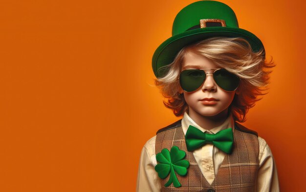 Retrato de una niña linda con gafas de sol, flor de trébol verde y sombrero verde