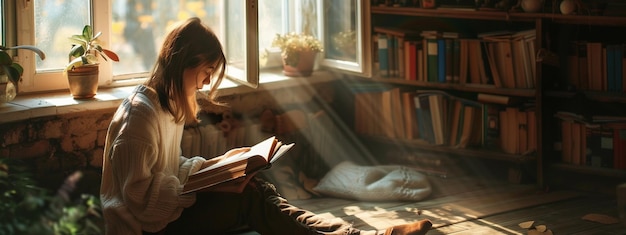 Retrato de una niña linda leyendo un libro mientras está sentada en una silla