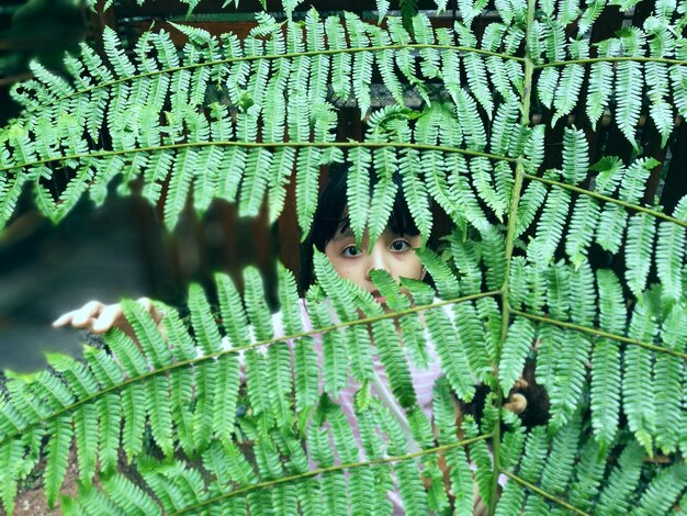 Foto retrato de una niña linda mirando a través de las plantas