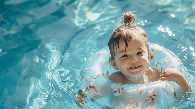 Retrato de una niña linda en la piscina Foco selectivo