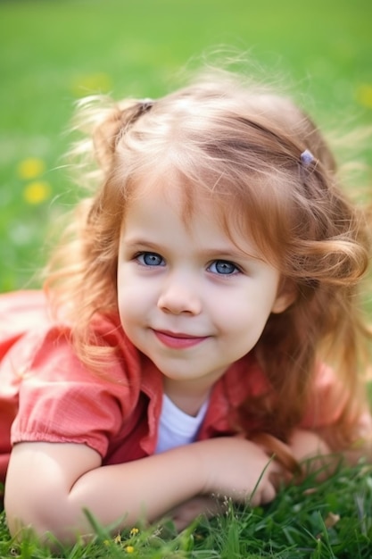 Retrato de una niña linda relajándose en la hierba afuera