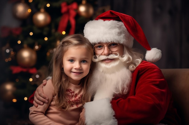 Retrato de una niña linda con Santa Claus