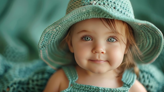 Retrato de una niña linda con un sombrero verde sobre un fondo verde