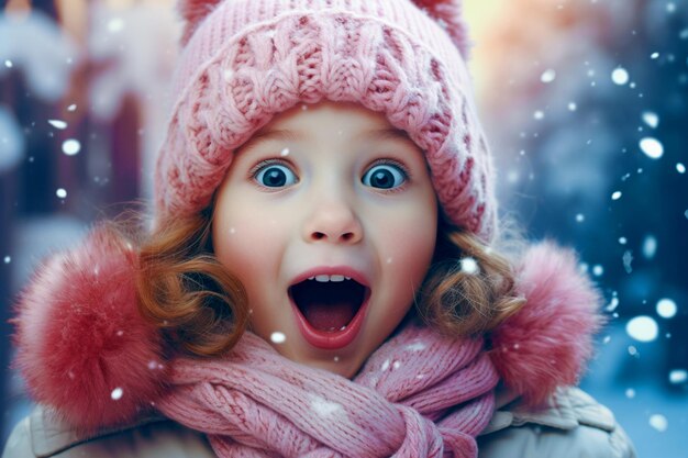 retrato de una niña linda y sorprendida con la boca abierta bajo la nieve del invierno que cae