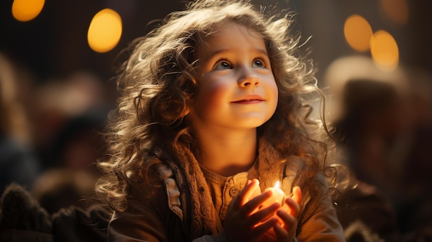 retrato de una niña linda con velas encendidas en la habitación