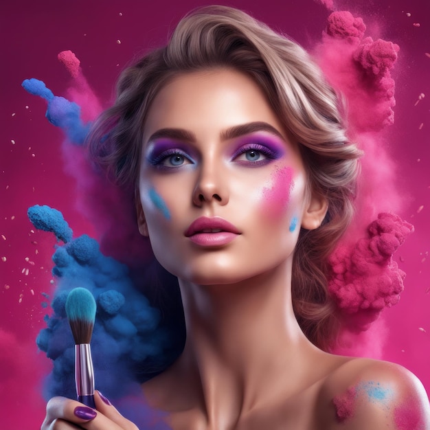 Retrato de niña modelo de moda con maquillaje en polvo colorido
