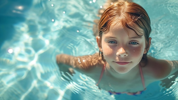 Retrato de una niña nadando en una piscina con un gran espacio de copia IA generativa