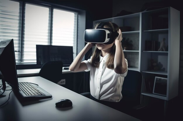 Retrato de niña en la oficina de la casa con auriculares vr jugando juegos de realidad virtual