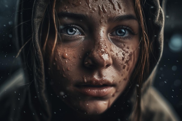 Un retrato de una niña con ojos azules y capucha.