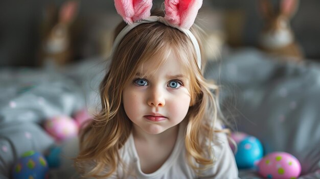 Retrato de una niña con orejas de conejo y huevos de Pascua
