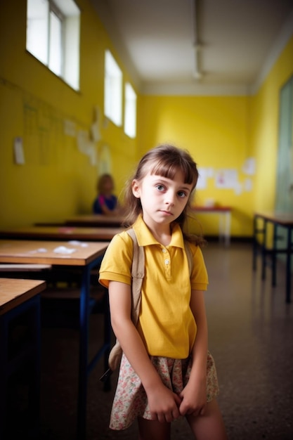 Retrato de una niña en el pasillo de la escuela después de la clase creado con ai generativo