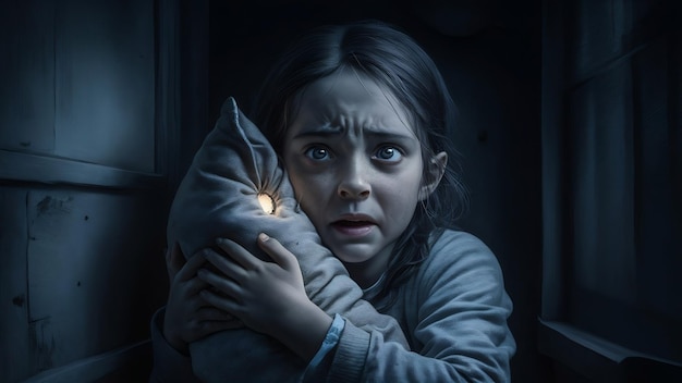 Retrato de una niña pequeña en pánico abrazando una almohada