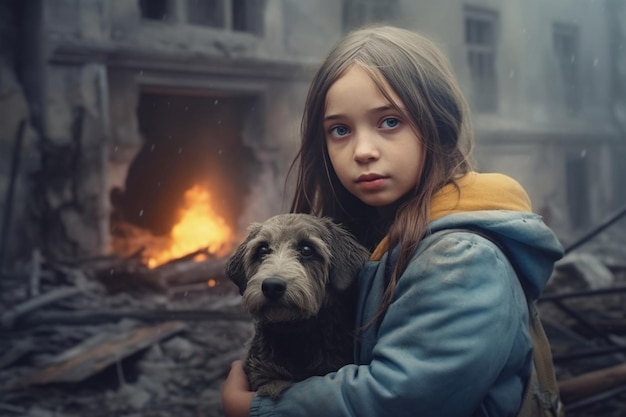 Retrato de niña con perro cerca del edificio bombardeado en ruinas