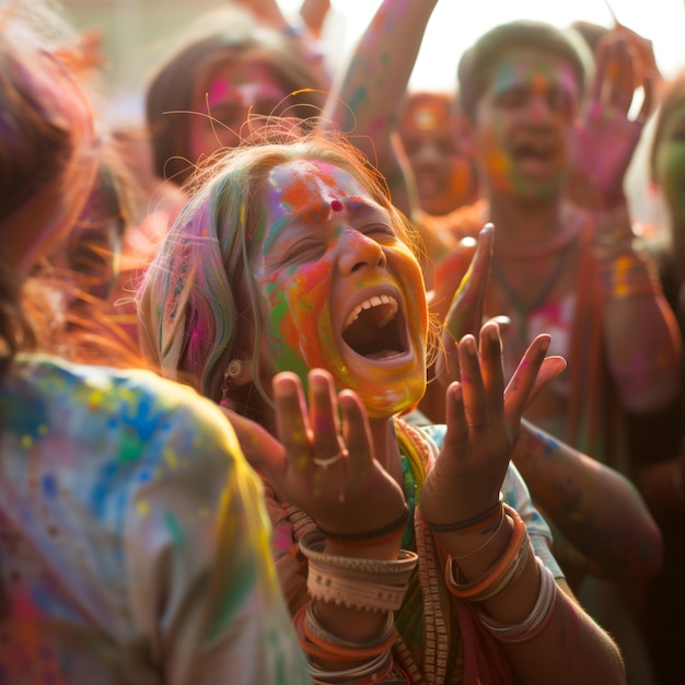 Foto retrato de una niña con pintura en la cara celebrando el festival de holi