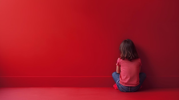 Retrato de una niña que expresa la soledad y el aislamiento con espacio de copia aislado en un fondo de color sólido