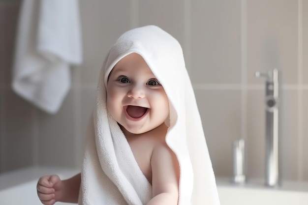 Retrato de una niña riendo en una toalla blanca IA generativa