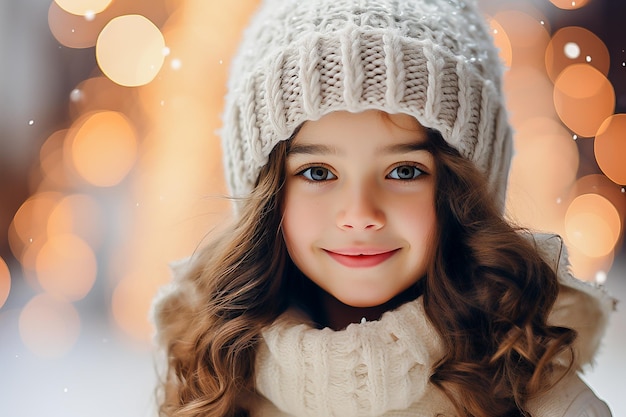 retrato de una niña con ropa de invierno en el fondo de las luces de Navidad en invierno