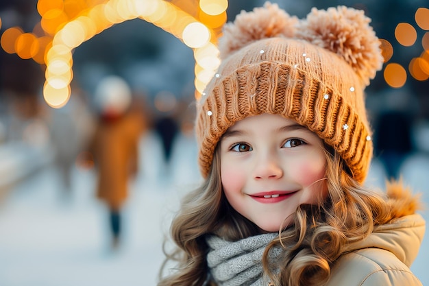 retrato de una niña con ropa de invierno en el fondo de las luces de Navidad en invierno