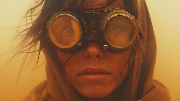 retrato de una niña sobreviviente con gafas al estilo steampunk en un desierto polvoriento en un mundo postapocalíptico después de una guerra nuclear