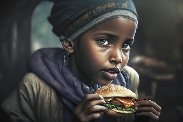 Retrato de una niña somalí de piel oscura con una hamburguesa