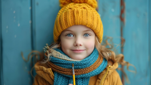 Foto retrato de una niña con un sombrero y una bufanda amarillos