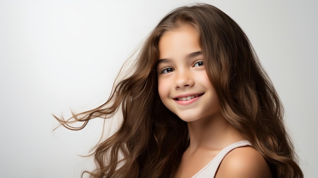 Retrato de una niña sonriente con cabello largo y castaño